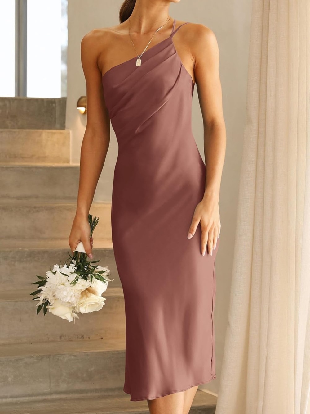 One-Shoulder Midi Dress in Mauve